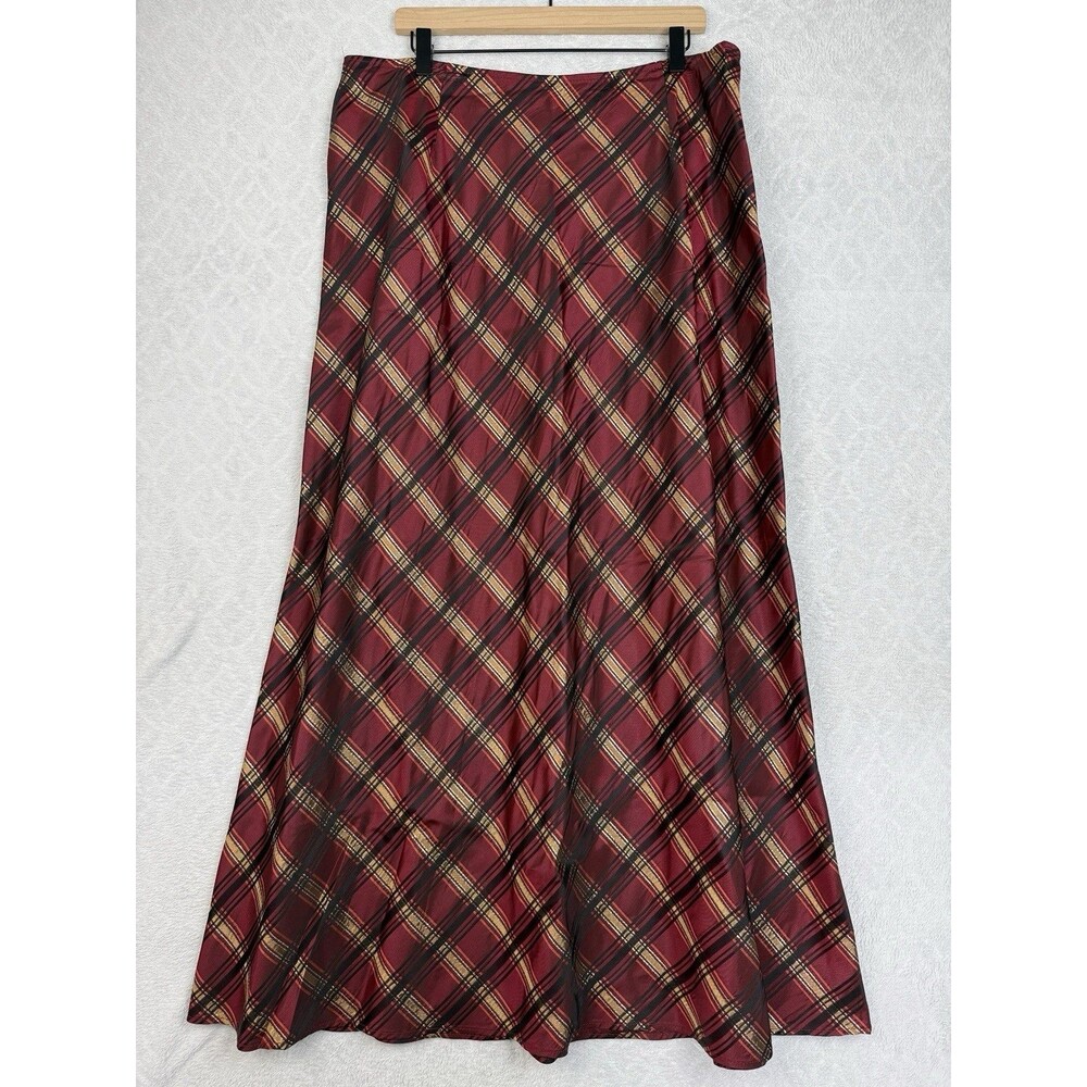 Vtg Plaid Maxi Skirt 18W Red Gold Metallic A-Line Academia Preppy Old Money Fall